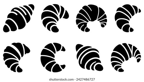 Icono de cruasán. Conjunto de iconos de croissant. Silueta croissant negra aislada sobre fondo blanco. Ilustración vectorial.