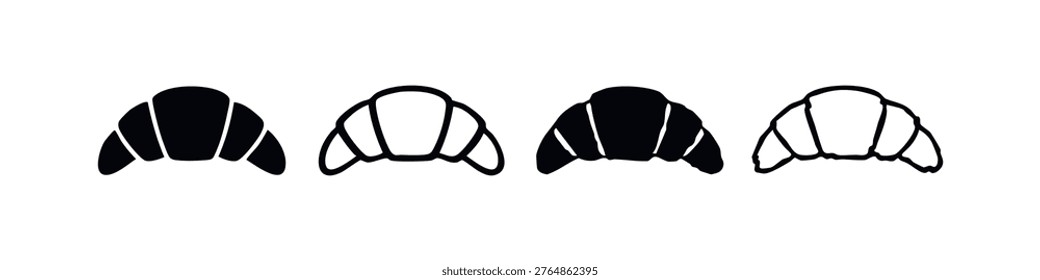 Croissant icons set in flat and outline style, hand drawn doodle croissant vector illustration.