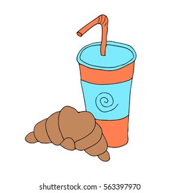 Croissant and juice.Cloth design,print, wallpaper, wrapping, paper, card, holiday, birthday. Color art. Eps10. Vector illustration.
