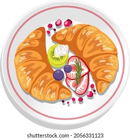 Croissant with kiwi and strawberry topping on a plate isolated illustration