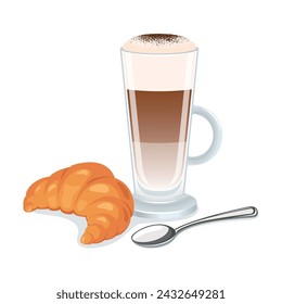 Croissant and latte macchiato coffee drink vector illustration. Glass cup of coffee with froth milk and croissant icon set vector isolated on a white background. Sweet breakfast still life