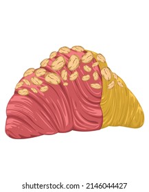 Croissant light brown bread Strawberry cream coating with almonds on top. White background and isolation. vector and illustation