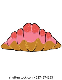 croissant light brown bread strawberry cream and strawberry fuit on top. Bakery food white background and isolation