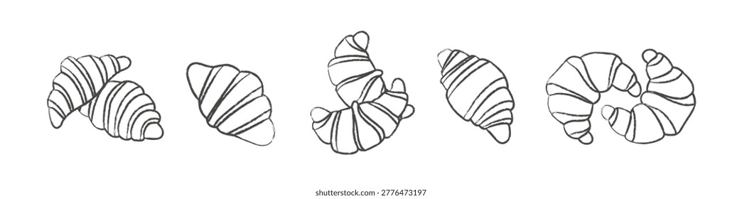 Croissant line art collection with multiple pastry variations, ideal for bakery branding, menu design and food themed illustration projects