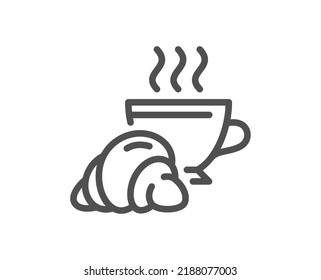 Croissant line icon. Coffee cup with bun sign. Bakery or boulangerie symbol. Quality design element. Linear style croissant icon. Editable stroke. Vector