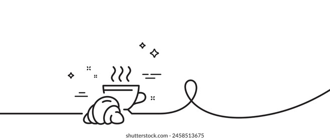 Croissant line icon. Continuous one line with curl. Coffee cup with bun sign. Bakery or boulangerie symbol. Croissant single outline ribbon. Loop curve pattern. Vector