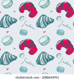 Croissant macaron vector pattern illustration on the blue background. Blue, pink hand drawn french croissants and sweet tasty macarons. French elegant morning desserts. J'adore. Breakfast pastry.