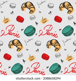 Croissant macaron vector pattern illustration on the grey background. Blue, red hand drawn french croissants and sweet tasty macarons. French elegant morning desserts. Paris breakfast pastry. Coffee.