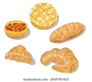 Croissant and many other types of bread on a white background.Eps 10 vector.