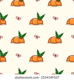 Croissant and mistletoe cartoon so cute. On knot background. Pattern seamless vector illustration. 
