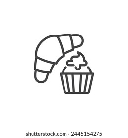 Croissant and muffin line icon. linear style sign for mobile concept and web design. Baked Goods outline vector icon. Symbol, logo illustration. Vector graphics