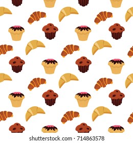 Croissant and muffin seamless pattern background in flat color style. Croissant and muffin vector illustration. Bakery menu seamless pattern Croissant design.