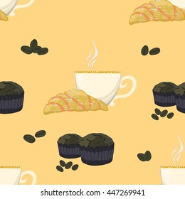 Croissant and muffin seamless pattern with coffee seeds around