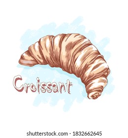 Croissant on a blue abstract background. Desserts and sweets. Sketchy hand drawing of food.