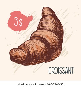 Croissant on an old background for the menu. Vector illustration in retro style.