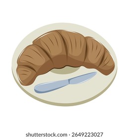 Croissant on a plate with a butter knife. Isolated vector illustration on a white background. Coffee baking. French traditions.