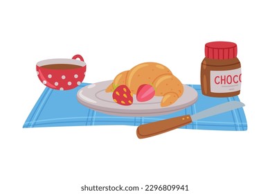 Croissant on Plate with Chocolate Paste and Cup with Coffee as Tasty Breakfast or Brunch with Typical Food Vector Illustration