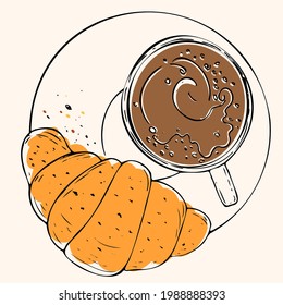 Croissant on a plate and a cup with foam coffee. Top view, vector, hand-drawing sketch. Black lines with shading and minimalistik colors isolated on white background. Element for design cafe, bakery.