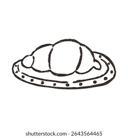 Croissant em uma chapa, mão desenhada doodle, ilustração vetorial isolado no fundo branco. Estilo de esboço de contorno com textura vintage grunge. Doce pastelaria, conceito café.