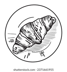 Croissant on a plate, a sketch illustration of a sweet cake. Confectionery sweets. Hand-drawn. An engraving in vintage style. Drawing for the cafe menu. Eps 10