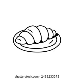 Croissant on a plate. Sweets. Dessert. Baking. Black and white vector illustration.