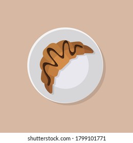 Croissant on a plate. Top view. Tasty dessert with chocolate. Vector illustration in flat style