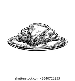 Croissant em um pires. Ilustração de vetor desenhada à mão em preto-e-branco. Isole em um fundo branco. Massa de farinha, um pão em forma de meia-lua feito de massa folhada. Para cardápio, receitas, rótulos, embalagem.