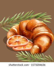 Croissant with orange slices and fir branches Vector