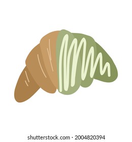 Croissant with organic matcha tea glaze. Vector hand drawn cartoon