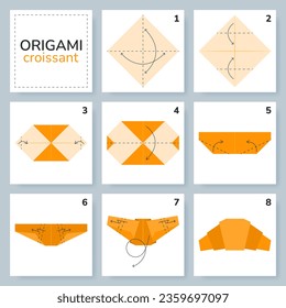 Croissant origami scheme tutorial moving model. Origami for kids. Step by step how to make a cute origami croissant. Vector illustration.