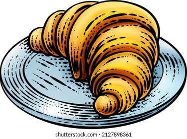 Croissant pastry bread food drawing illustration in a retro vintage engraved woodcut style