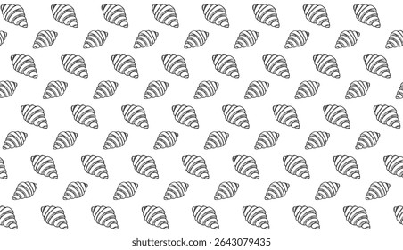 Papel de parede de fundo preto e branco do padrão do croissant, ilustração do vetor do pão do croissant do doodle da massa, imagem do vetor do croissant do padrão contínuo do alimento.