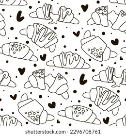 Croissant pattern design contour illustration with dots and lines. Baking background with croissant and spots. Seamless pattern with colored croissants and hearts and dots decor on a white background