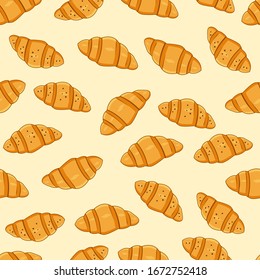 Croissant pattern design. Pastries background with croissant. Seamless pattern design with croissants.