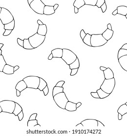 Croissant Muster. Desserts. Vektorgrafik. Hintergrundnahrung. Tapete Texturbäckerei. Brot. Doodle.