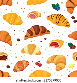 Croissant pattern. fresh cooked dessert bakery delicious food. Vector seamless background with croissant pictures