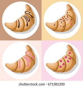 Croissant pattern. Fresh dessert. Chocolate and strawberry gem flavor Vector illustration