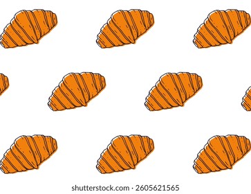 Croissant pattern. Seamless background with delicious croissant on white background. Simple trendy illustration. Hand drawn linear drawing. Vector for printing, menu, corporate identity, packaging