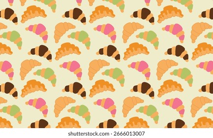 O padrão croissant com várias coberturas em cima faz com que pareça delicioso e tentador com um fundo amarelo alegre. Este design é perfeito para embalagem de sobremesa e papel de embalagem.