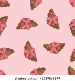 Croissant and pink bow seamless pattern. Cute girly design. Bakery and pastry. Hand drawn vector illustration