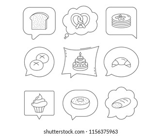 Croissant, pretzel and bread icons. Cupcake, cake and sweet donut linear signs. Pancakes, toast and bread rolls flat line icons. Linear Speech bubbles with icons set. Comic chat balloon. Vector