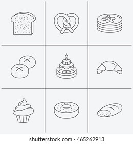 Croissant, pretzel and bread icons. Cupcake, cake and sweet donut linear signs. Pancakes, toast and bread rolls flat line icons. Linear icons on white background. Vector