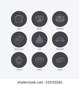 Croissant, pretzel and bread icons. Cupcake, cake and sweet donut linear signs. Pancakes, toast and bread rolls flat line icons. Linear icons in circle buttons. Flat web symbols. Vector