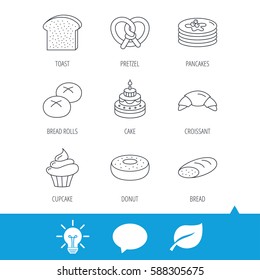 Croissant, pretzel and bread icons. Cupcake, cake and sweet donut linear signs. Pancakes, toast and bread rolls flat line icons. Light bulb, speech bubble and leaf web icons. Vector