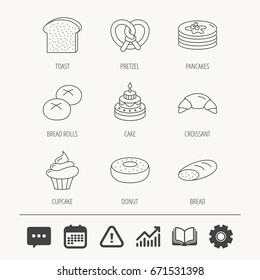 Croissant, pretzel and bread icons. Cupcake, cake and sweet donut linear signs. Pancakes, toast and bread rolls flat line icons. Education book, Graph chart and Chat signs. Vector