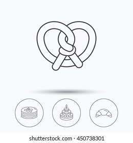 Croissant, pretzel and pancakes icons. Sweet cake linear sign. Linear icons in circle buttons. Flat web symbols. Vector