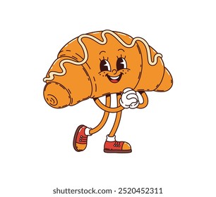 Croissant retro groovy breakfast character. Isolated cartoon vector funky fresh bakery personage with crunchy texture and friendly smile, bringing nostalgic and psychedelic vibes to morning food