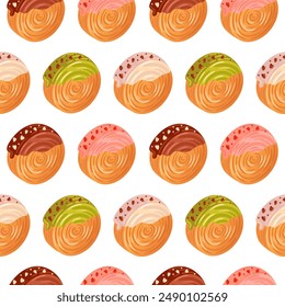 Croissant roll, round san. Seamless pattern Cromboloni, Coin, round croissant, covered with icing. bomboloni, filling with chocolate, pistachio and strawberry. For bakery shops, cafes, restaurants