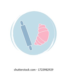 Croissant and rolling pin icon logo vector illustration on circle with brush texture for social media story highlight