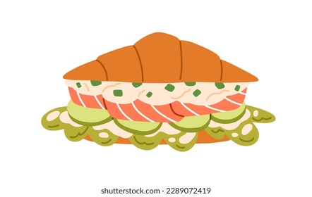 Croissant with salmon fish, lettuce, cream cheese, vegetables filling. French sandwich with tasty stuffing between roll buns. Breakfast food. Flat vector illustration isolated on white background